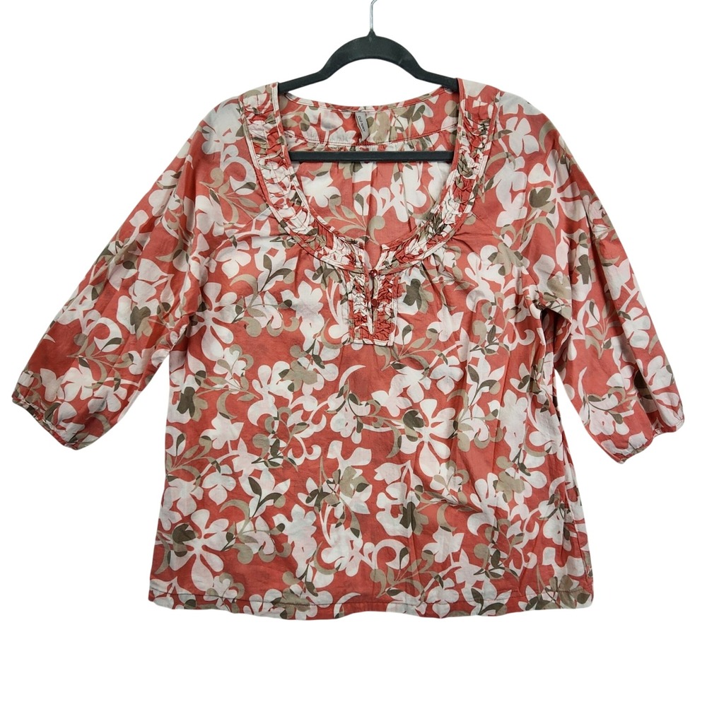 Old Navy Coral Pink Floral Peasant Blouse Boho Ruffle Neck 3/4 Sleeve Top Large